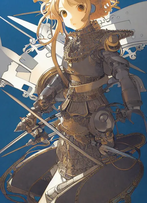 Image similar to yoh yoshinari, ilya kuvshinov editorial anime illustration female knight in ornate armor, last exile, murata range, fine detail,, dramatic lighting, dynamic composition, cel shading, vivid, rich texture, alphonse mucha, ( ( ( colorful ) ) ), gustav klimt, cinematic