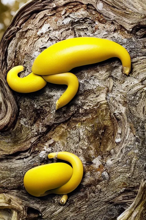 Image similar to A brilliant yellow banana slug with deer antlers, poised magnificently on a tree stump deep in a redwood forest, magical, deep woods, octane render, 8k,realism, insanely detailed, intricate, natural lighting, illustrated by TamberElla, national geographic wildlife photography, digital art, fantasy creature, realistic Trending on artstation, artstationHD, artstationHQ, 4k, 8k