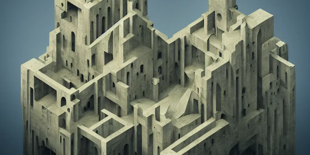 Prompt: angular monolithic building by escher and mandelbrot, ricardo bofill, impossible geometry. utopian landscape. magical realism, surrealism, waterfalls, trending on artstation, cinematic composition,