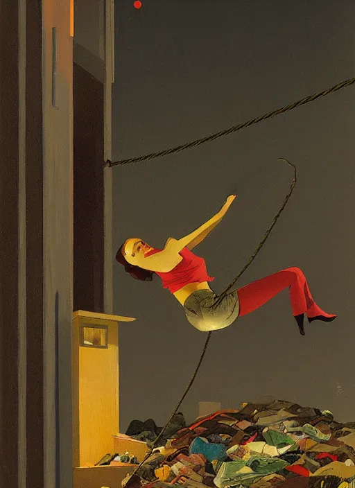 Image similar to woman climbing rope from a pile of garbage, snowing night by Edward Hopper and James Gilleard, Zdzislaw Beksinski, Katsuhuro Otomo highly detailed