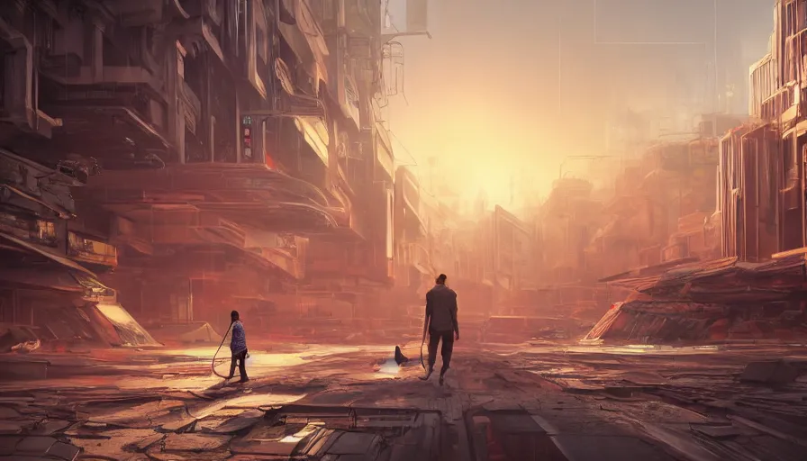 Image similar to man walking his dog in an abandoned futuristic city covered by vegeration, sunset, bright light, hyperdetailed, artstation, cgsociety, 8 k