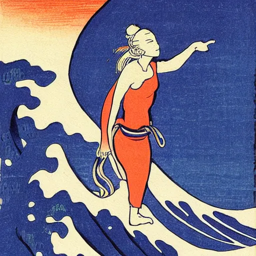 Prompt: surfer girl, woodblock print, style of hokusai, fine art, style of the great wave off kanagawa, painting