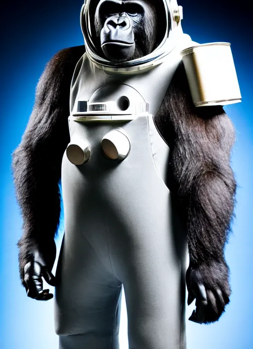 Image similar to studio photo still of a full body gorilla in a space suit, 8 k, studio lighting, key light from right side,