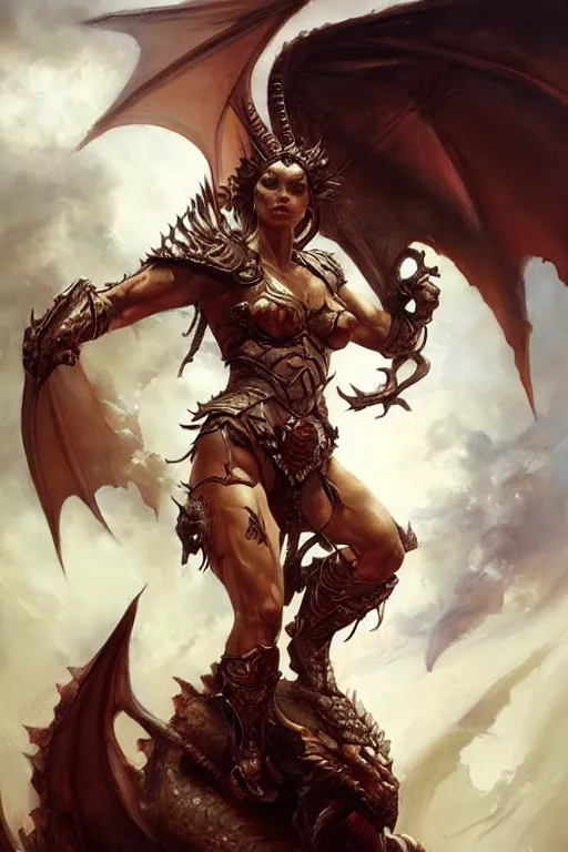 Prompt: A beautiful oil painting of a dragon, by Lucas Graciano, Frank Frazetta, Greg Rutkowski, Boris Vallejo, epic fantasy character art, goddess of war, fantasy armor, Exquisite detail, post-processing, low angle, masterpiece, cinematic