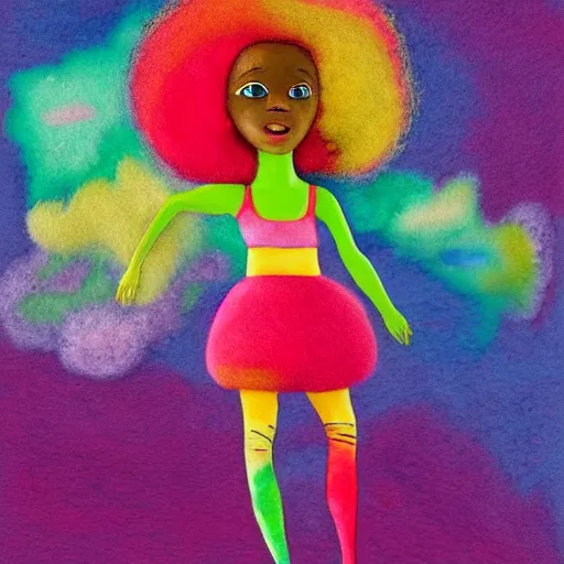 Image similar to a black girl with a colorful afro and rainbow eyes doing ballet, bright colours, bokeh!! watercolor, volumetric wool felting, macro photography, children illustration, by goro fujita