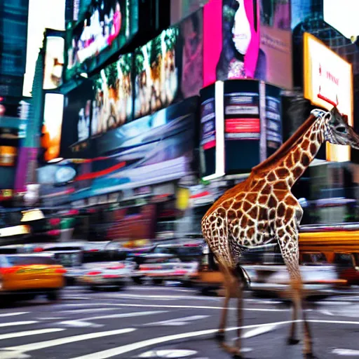 Image similar to a still of a giraffe stand in the intersection at times square. motion blur