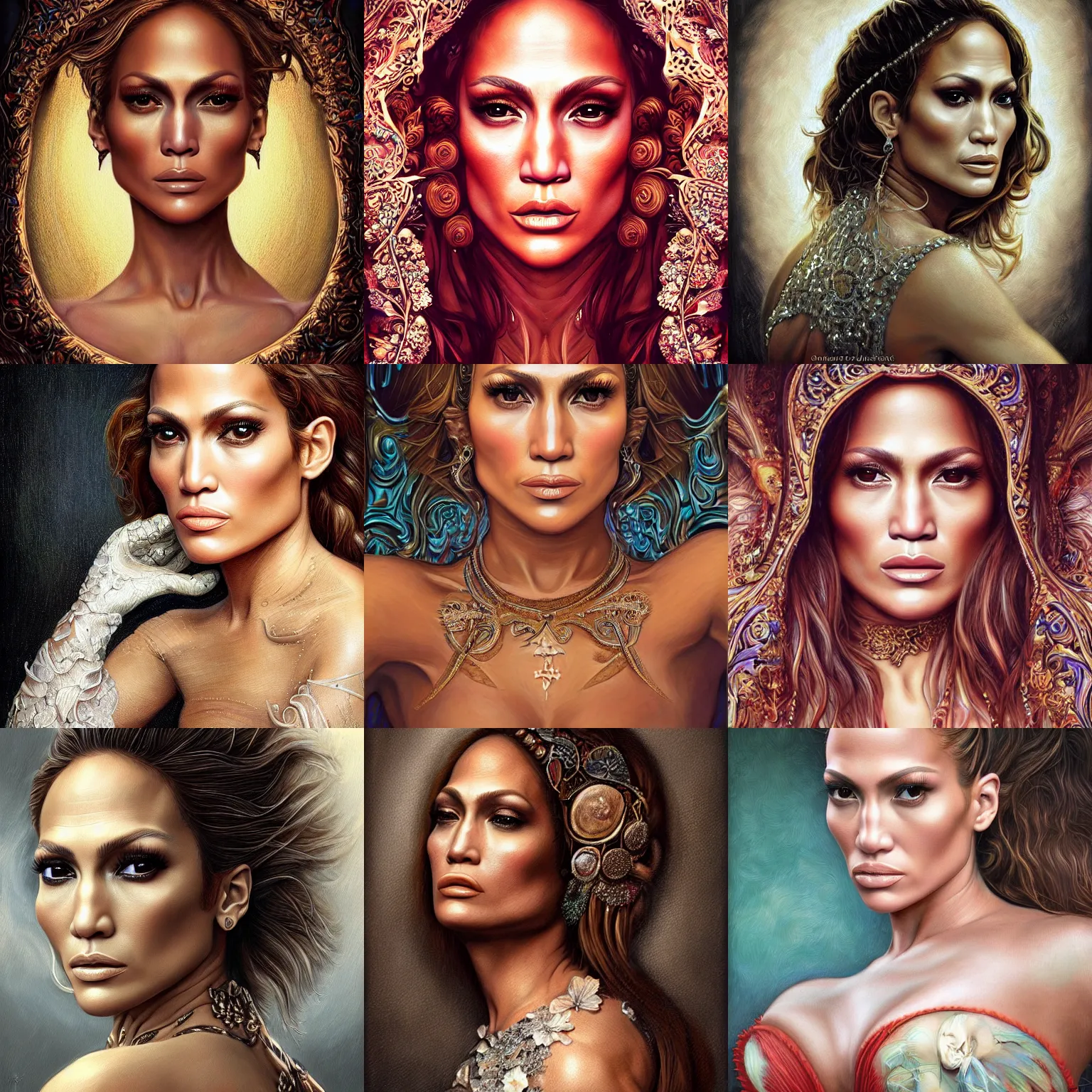 Prompt: Portrait of Jennifer lopez as lowbrow art, unreal, fantasy, intricate, elegant, dramatic, highly detailed, photorealistic, digital painting, painterly, artstation, concept art, smooth, sharp focus, lowbrow, Mark Ryden, Amy Sol