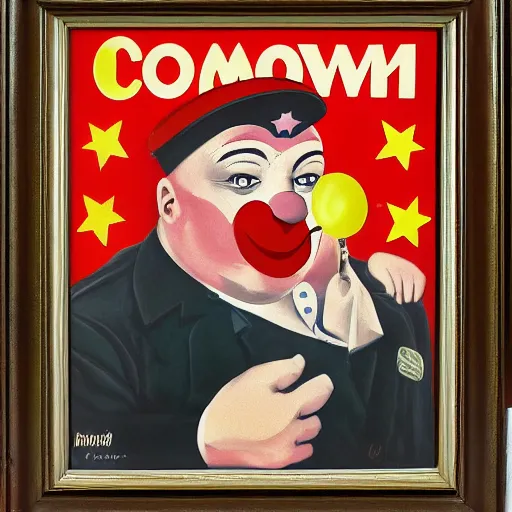 Image similar to communist clown portrait painting soviet propaganda poster overweight