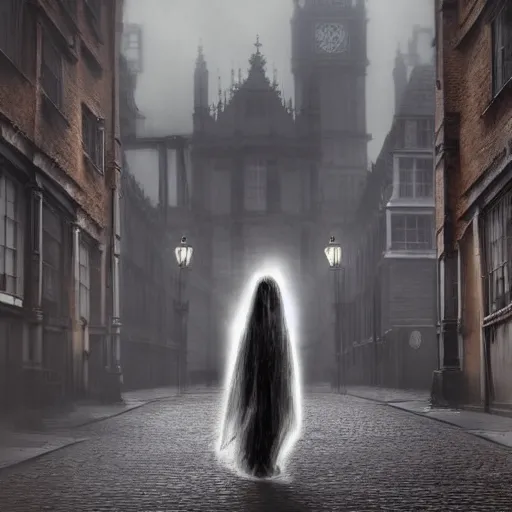 Prompt: ominous bedsheet ghost walking through the center of old london city, oil painting, gloomy misty atmosphere, symmetrical, full body image, highly ornate intricate details, very sharp photo,