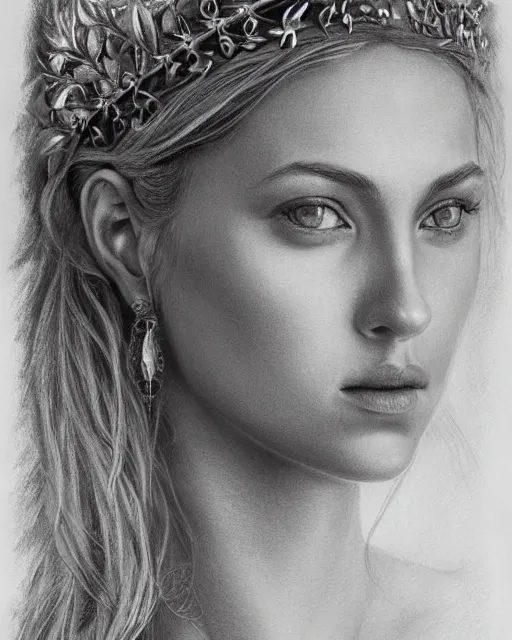 Image similar to pencil drawing of a beautiful greek goddess aphrodite wearing a laurel wreath and arrowhead earrings, beautiful confident and piercing eyes, beautiful blonde hair, hyper realistic face, in the style of greg rutkowski, fantasy, amazing detail, epic, elegant, smooth, sharp focus, from the front