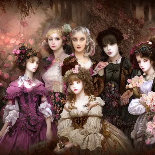 Image similar to 8k, HD, realism, high octane render, renaissance, rococo, baroque, group of creepy young ladies wearing long harajuku manga dress with flowers and skulls, background chaotic flowers