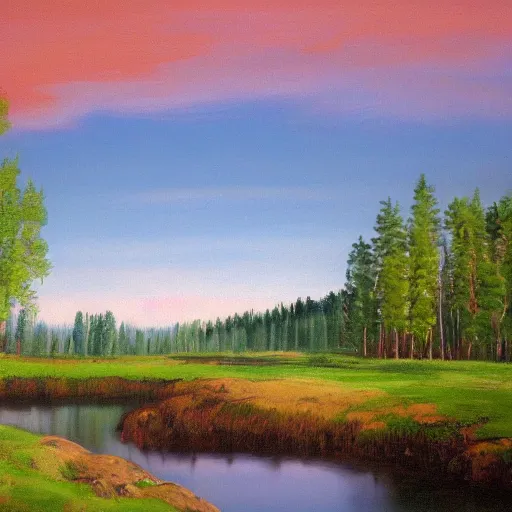 Prompt: finland, landscape painted by bob ross