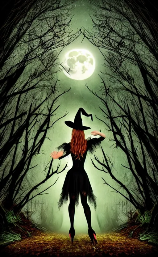 Image similar to witch standing pose in an enchanted forest wearing high heels under a full moon, fantasy gothic art style