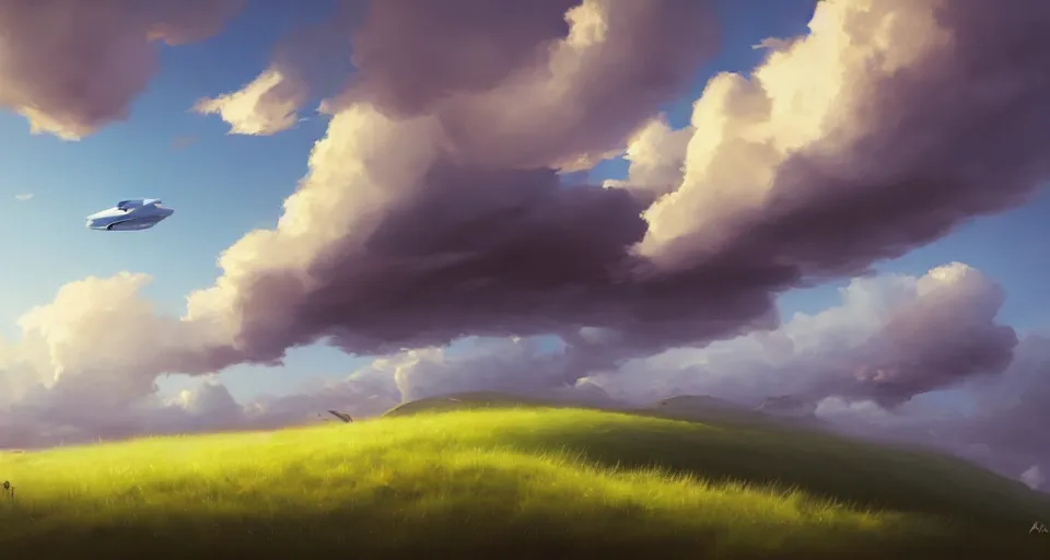Prompt: sky - ship flying through the clouds blue sky grassy hills, andreas rocha style