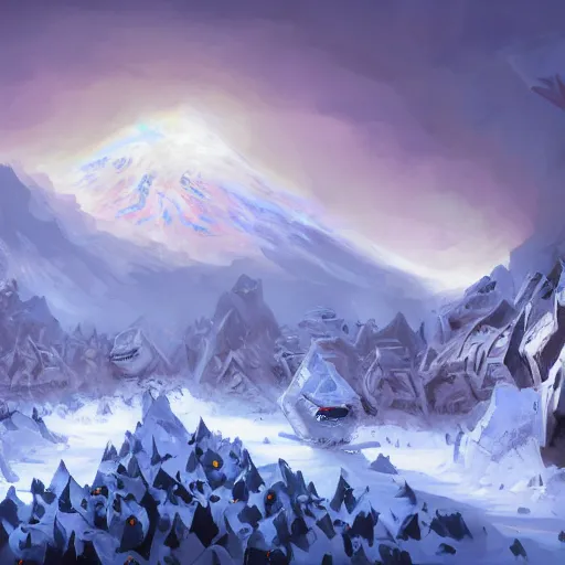 Image similar to snow army war, blue glacier volcano eruption, blue glacier volcano eruption, blue liquid and snow, snow army war, war armies under the mountain, ice cold blue theme, bright masterpiece artstation. 8 k, sharp high quality artwork in style of jose daniel cabrera pena and greg rutkowski, concept art by tooth wu, blizzard warcraft artwork, hearthstone card game artwork