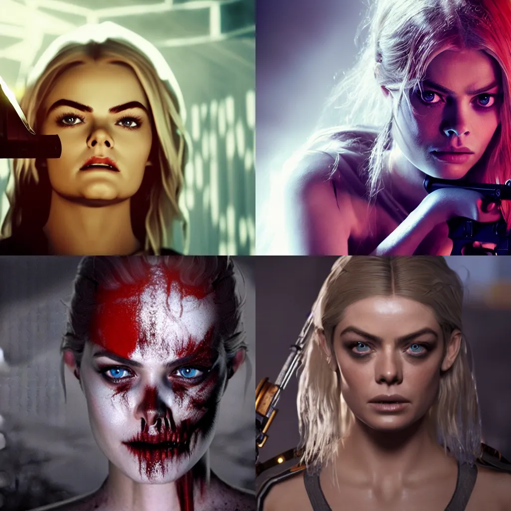 Image similar to octane, Unreal engine, Samara Weaving with skull paint holding a shotgun