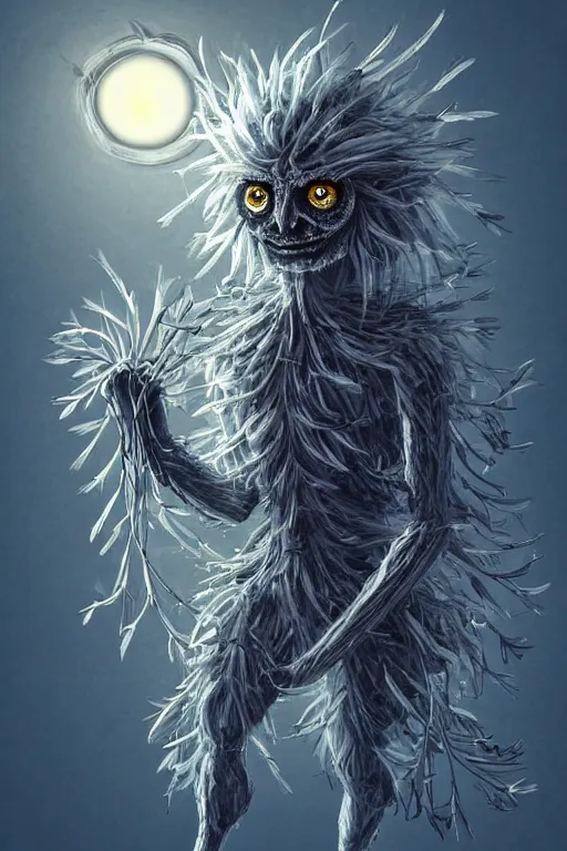 Image similar to a humanoid figure dandelion monster with large glowing eyes, highly detailed, digital art, sharp focus, trending on art station, artichoke, ambient lighting, anime art style