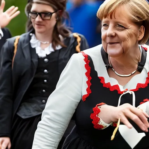 Prompt: Angela Merkel wearing a Dirndl and is drunk at Octoberfest