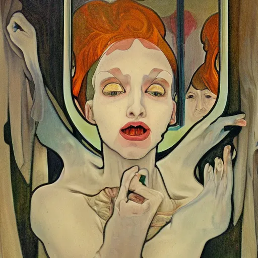 Image similar to A ghostly woman crawling out of a mirror, horror, oil on canvas, in the style of Range Murata and Alphonse Mucha