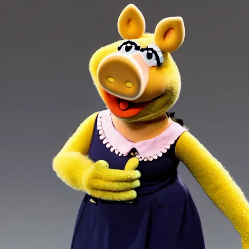 Image similar to miss piggy as guard at a maximum security muppet prison. she is taking a handcuffed animal to solitary confinement + photorealistic - h 6 4 0