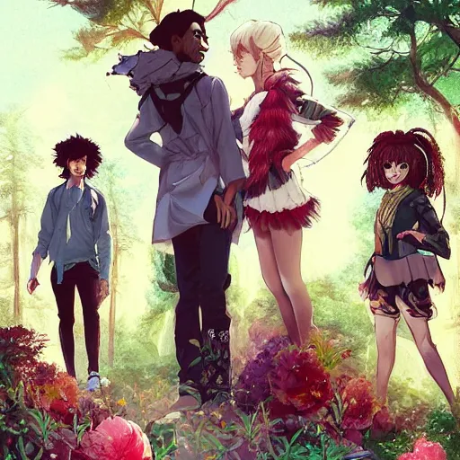 Prompt: a cinematic boy girl traditional romance moment of a group of BLACK university friends dressed as different animals hiking wearing boho clothing and peonies, full body illustration,bestselling movie art poster, official media, 1970s fashion, official anime media, incredible art by artgerm and greg rutkowski and doja cat