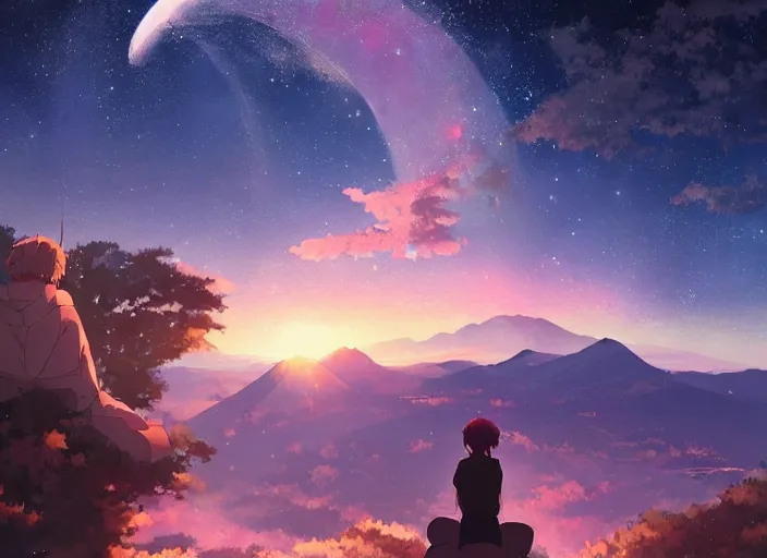 Image similar to watching the stars at night, on a mountain, by wlop, anime key visual, poster