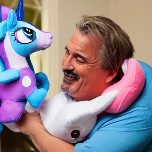 Image similar to fat mike lindell hugging an my little pony plushy. still from mypillow ad