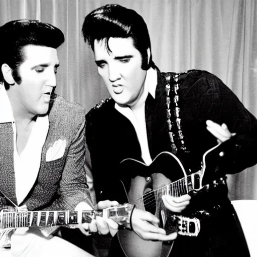 Image similar to elvis presley with the face of nicolas cage playing the guitar, poker table next to him