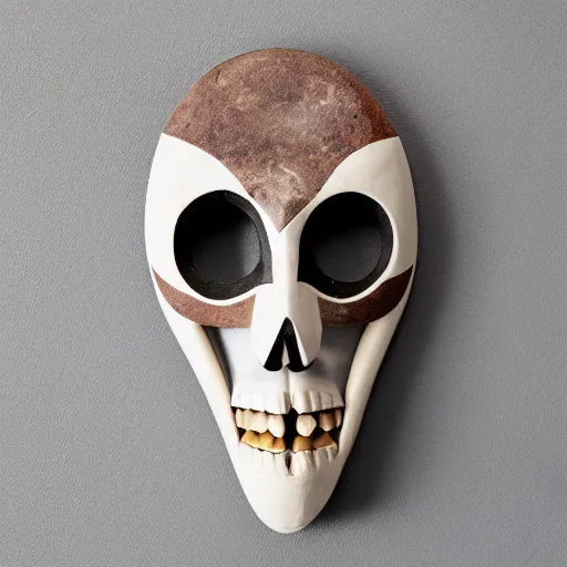 Prompt: symmetrical product photograph of a tribal mask made from bone and obsidian