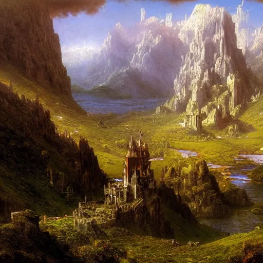 Image similar to a beautiful and highly detailed matte painting of the epic mountains of avalon, intricate details, epic scale, insanely complex, 8 k, sharp focus, hyperrealism, very realistic, by caspar friedrich, albert bierstadt, james gurney, brian froud,