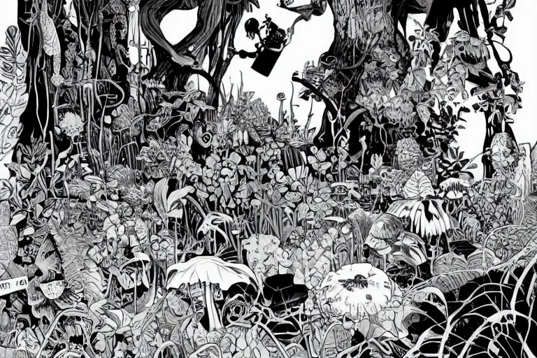 Prompt: surreal line art by sam bosma and mike mignola!, a lot of jungle flowers and plants + poison toxic mushrooms surrounded by cables + long grass + broken droid + garden dwarf + mystic fog, 7 0's vintage sci - fi style, rule of third!!!!, line art, 8 k, super detailed, high quality