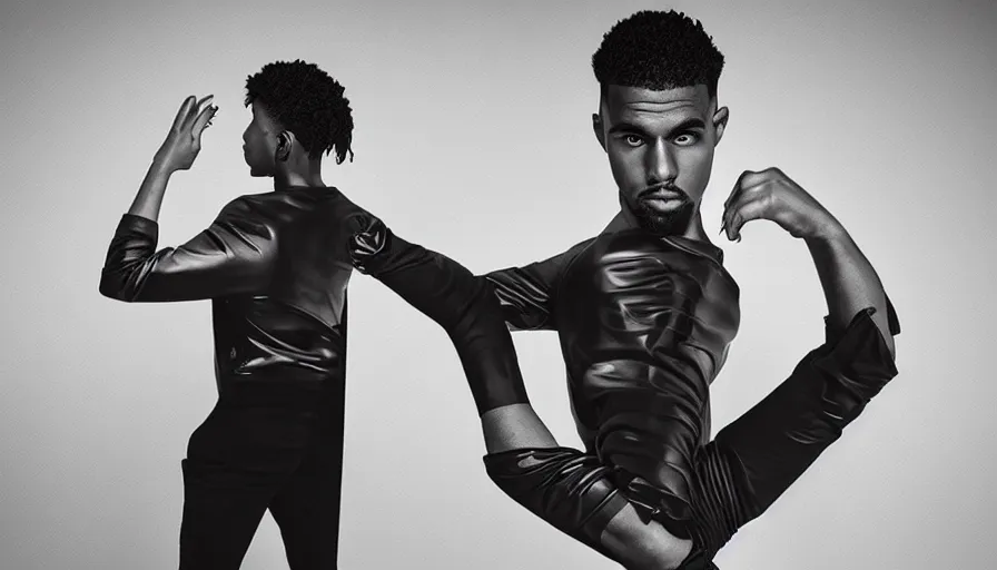 Image similar to high quality studio photo shoot of a male model modelling yeezy inspired futuristic hoddle mockup, final product shot, studio lighting, all round angle. trending on futuristic fashion instagram.