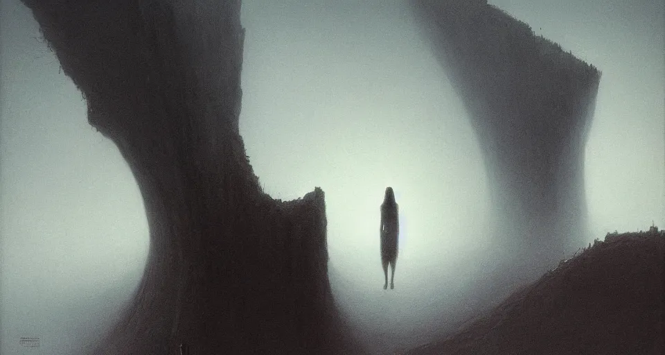 Prompt: she peers into the abyss, and sees the abyss looking back at her, dramatic lighting, smooth, sharp details, intricate, sad and powerful painting by beksinski and john harris and greg rutkowski