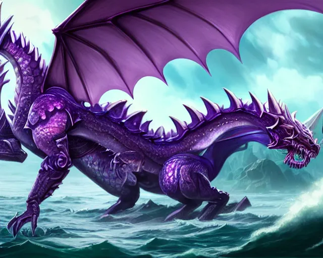 Prompt: a gaming screenshot still portrait of crystal purple dragons roaming around the ocean, deep focus, d & d, fantasy, intricate, elegant, highly detailed, digital painting, artstation, concept art, matte, sharp focus, illustration, dark fantasy style art, hearthstone, art by artgerm and greg rutkowski and alphonse mucha