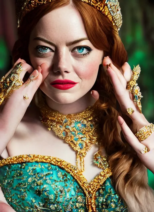 Prompt: portrait of emma stone as princess jasmine in persian palace, by charlotte grimm, natural light, detailed face, beautiful nails,, canon eos c 3 0 0, ƒ 1. 8, 3 5 mm, 8 k, medium - format print, half body shot