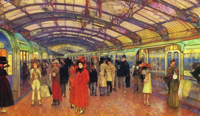 Prompt: A disco train station, by Moebius, Renoir, Mucha