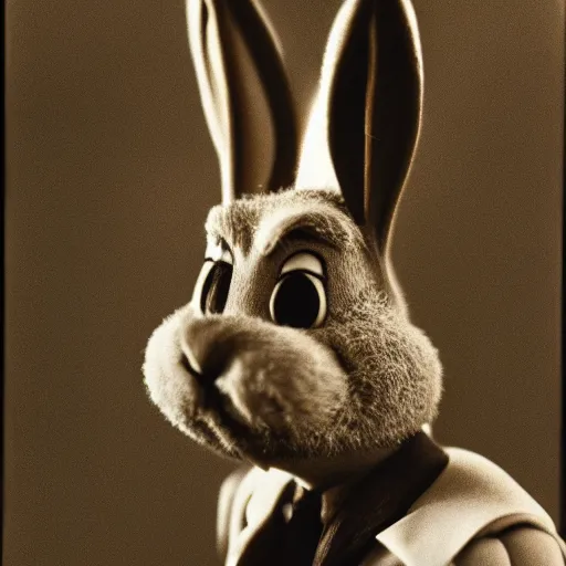 Image similar to Portrait of a bugs bunny, Expired Burned Film from 1930s, Softbox Lighting, Sigma 85mm Lens F/8