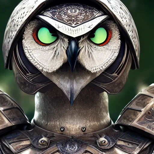 Image similar to warrior with owl themed armour, highly detailed, 4k, HDR, smooth, sharp focus, hyper realistic, high resolution