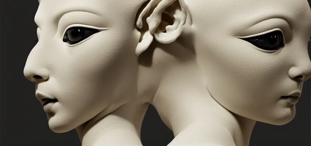 Prompt: symmetry!! full beautiful female porcelain sphinx body sculpture by daniel arsham and raoul marks, intricate, elegant, highly detailed, digital painting, artstation, smooth, sharp focus, all black features on a black background, delicate facial features, golden ratio composition, interconnected, liquid composition, conceptual sculpture, global lighting