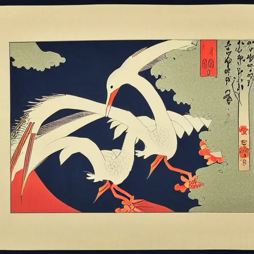 Image similar to 鶴 crane, in the style of hokusai, ukiyo-e