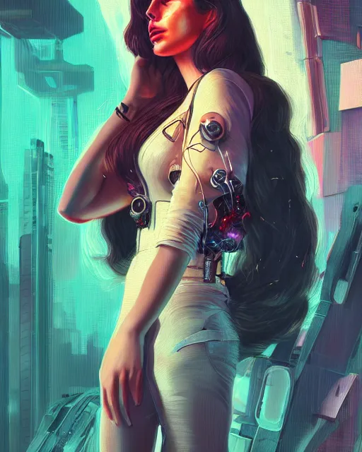 Image similar to portrait of lana del rey as a cyberpunk cyborg. roses, sci - fi, missing panels, intricate abstract upper body intricate artwork, by tooth wu, wlop, beeple, dan mumford. concept art, octane render, deviantart, greg rutkowski, cinematic, key art, hyperrealism, iridescent accents