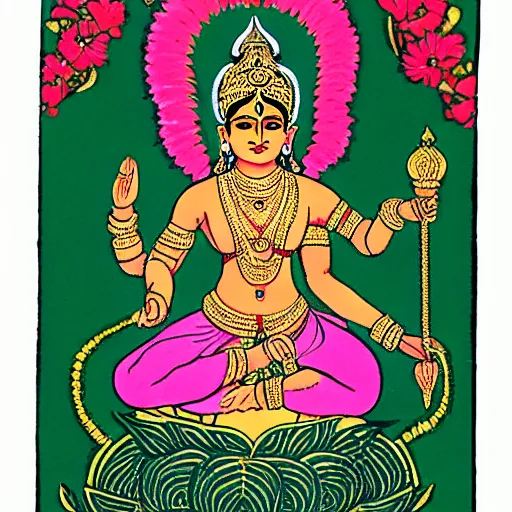 Image similar to indian goddess lakshmi with 4 arms, sitting on a lotus in a minimalistic style