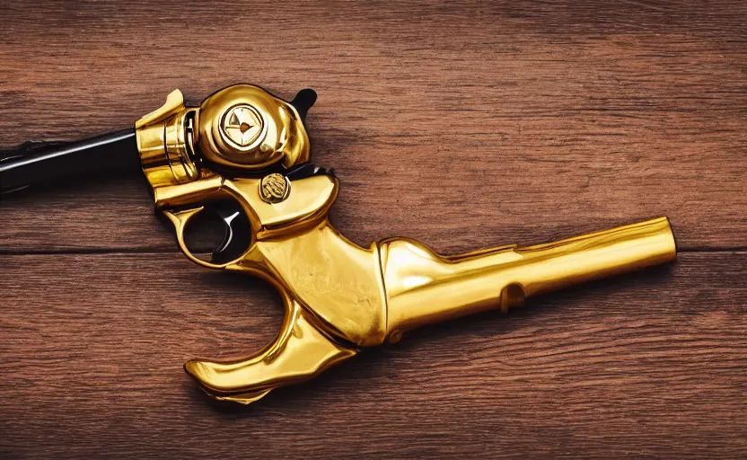 Prompt: shiny golden revolver laying on a wooden table, complex, high detail