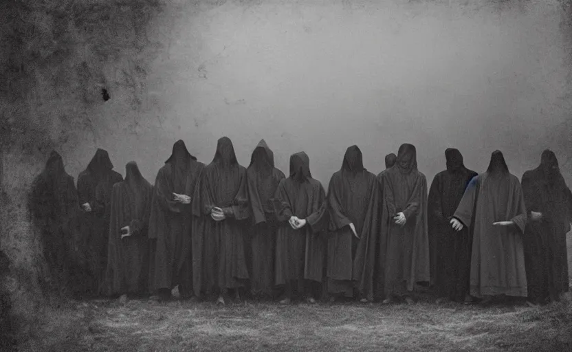 Image similar to a old grainy 1 8 0 0 s black and white photo of a group of demonic cultists, wearing robes, summoning a demon, bones on the ground, grainy, fog, mist, cobweb, old photo, golden ratio, scary, horror photography, 5 0 mm lens, f 1. 8