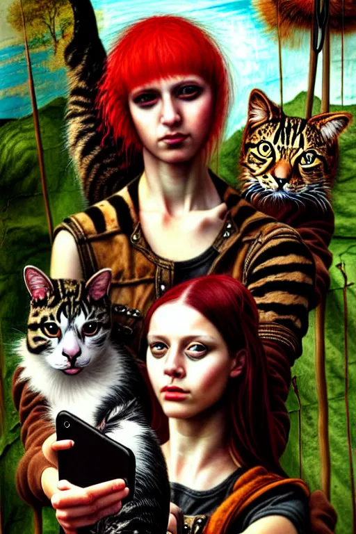 Image similar to punk rock girls making selfie with cats in jungle , mad max jacket, post apocalyptic, renaissance, highly detailed, digital painting, oil painting by Leonardo Da Vinci, hyper realistic style, fantasy by Olga Fedorova