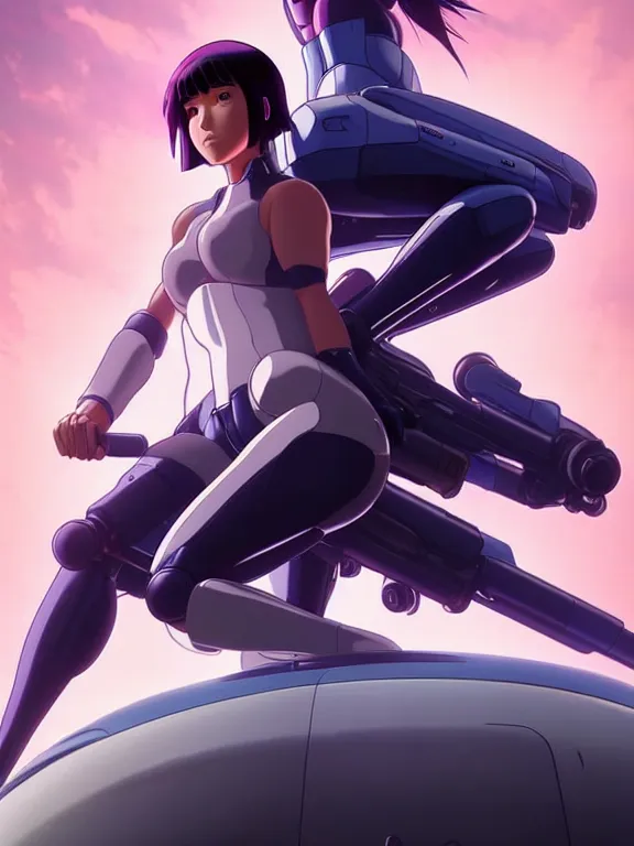 Image similar to a fullbody action still of motoko kusanagi riding on top of a tachikoma, the major ghost in the shell : : stand alone complex, under repairs, maintenance : : by ilya kuvshinov, rossdraws, artgerm, sola digital arts, anti aliasing, raytracing : :