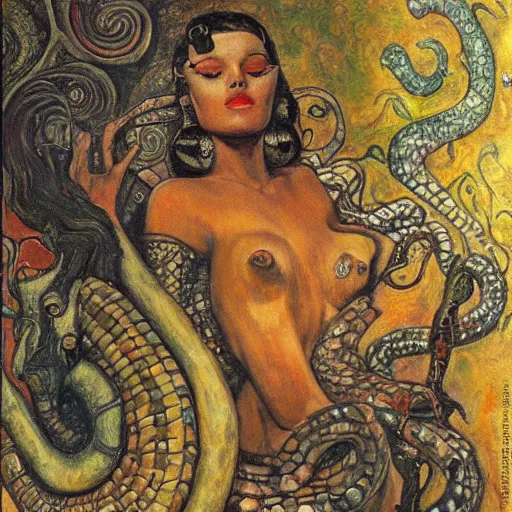 Image similar to naga serpent, intricate detail, painting, jazz age, miro, klimt, royo, frazetta, whealan,