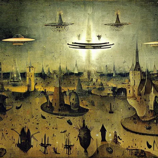 Image similar to ufo fleet over a 1 7 th century european town at night with light beams levitating people in their pajamas painting by hieronymus bosch