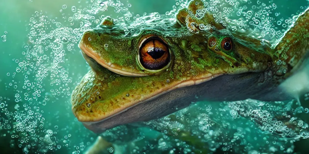 Image similar to a very intricately detailed underwater photo of a fish cuddling with a frog. a lot of bubbles, diffracting the light. extreme detail, artstation hq, 8 k