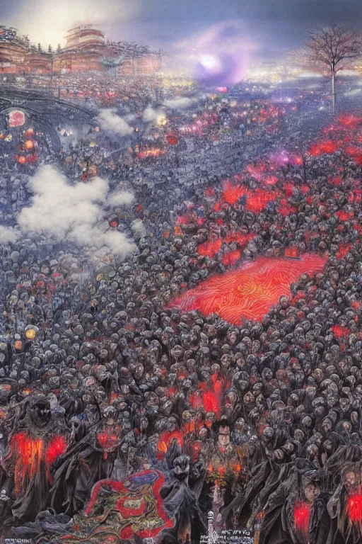 Image similar to 中 国 鬼 节, long procession of the dead is queuing up on the naihe bridge. psychedelic lights and fog, zdzislaw, ayami kojima, yamamoto, barclay shaw, karol bak, hyperrealist, 8 k